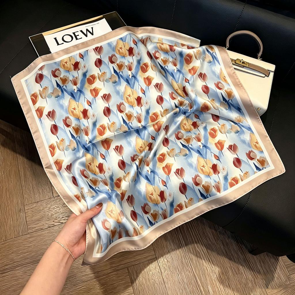 71Cm New Chinese Simulation Silk Square Scarf Soft and Skin-friendly Ink Flower Rhyme Printing Silk Scarf Neck Sunscreen Small Scarf