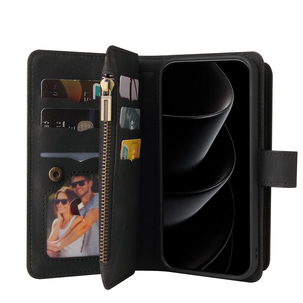 For iPhone 17 Pro Max Zipper Wallet Case with 15 Card Slots and Strap Leather Phone Cover