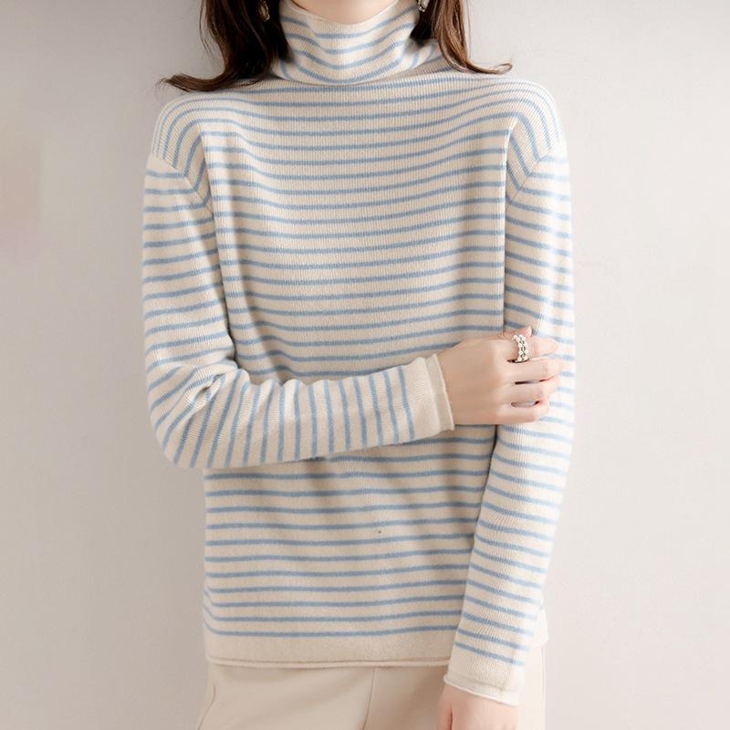 

Autumn and winter new striped stacked collar women s knitted sweater simple and versatile sweater loose and thin color matching bottoming shirt S