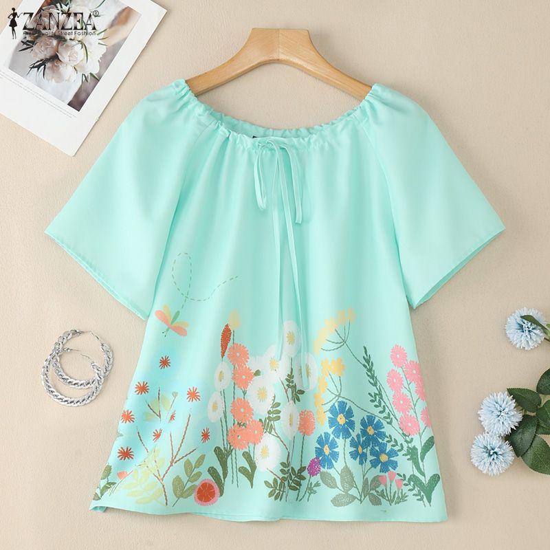 ZANZEA Women Casual Round Neck Floral Print Summer Short Sleeve Blouse