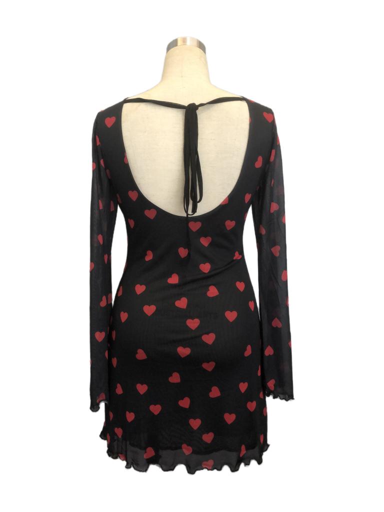Spring Women Heart Print Bell Sleeve Backless Mesh Dress Mature Style French Retro Patchwork Slim Sexy Elegant Women Maxi Dress