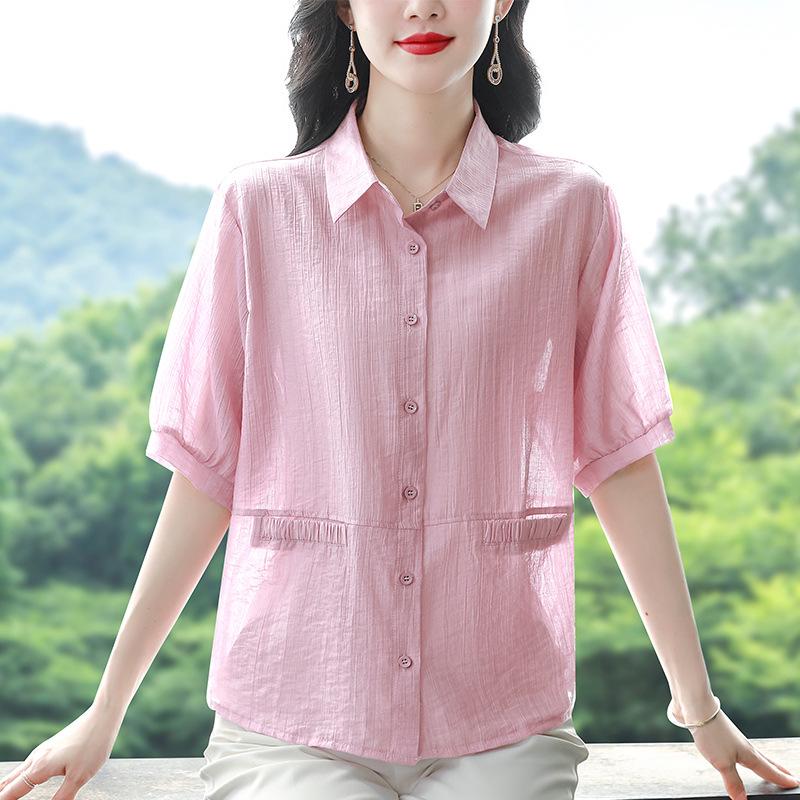 2025 Summer Lightweight Loose Cotton Linen Shirts - Plus Size, Short-Sleeve, Flattering and Breathable Design for Moms