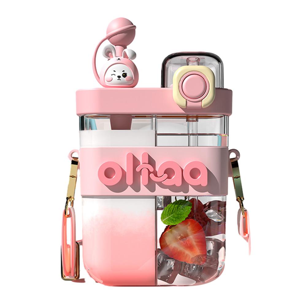 

800ml Kawaii Water Bottle Dual Nozzle Cartoon Water Bottle Large Capacity Plastic Cup with Strap for Travel Work for Sport 0.8L