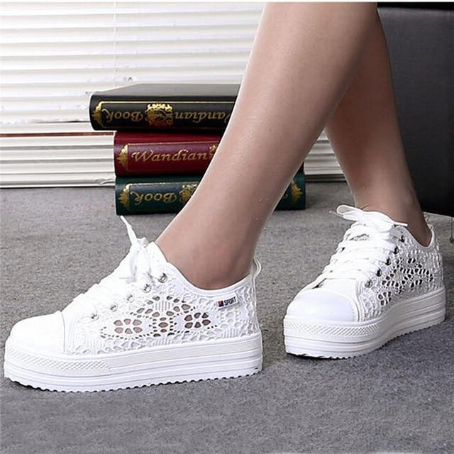 Women Shoes Fashion Cutouts Lace Canvas Hollow Breathable Platform Flat Shoes Woman Sneakers Summer Casual White Shoes