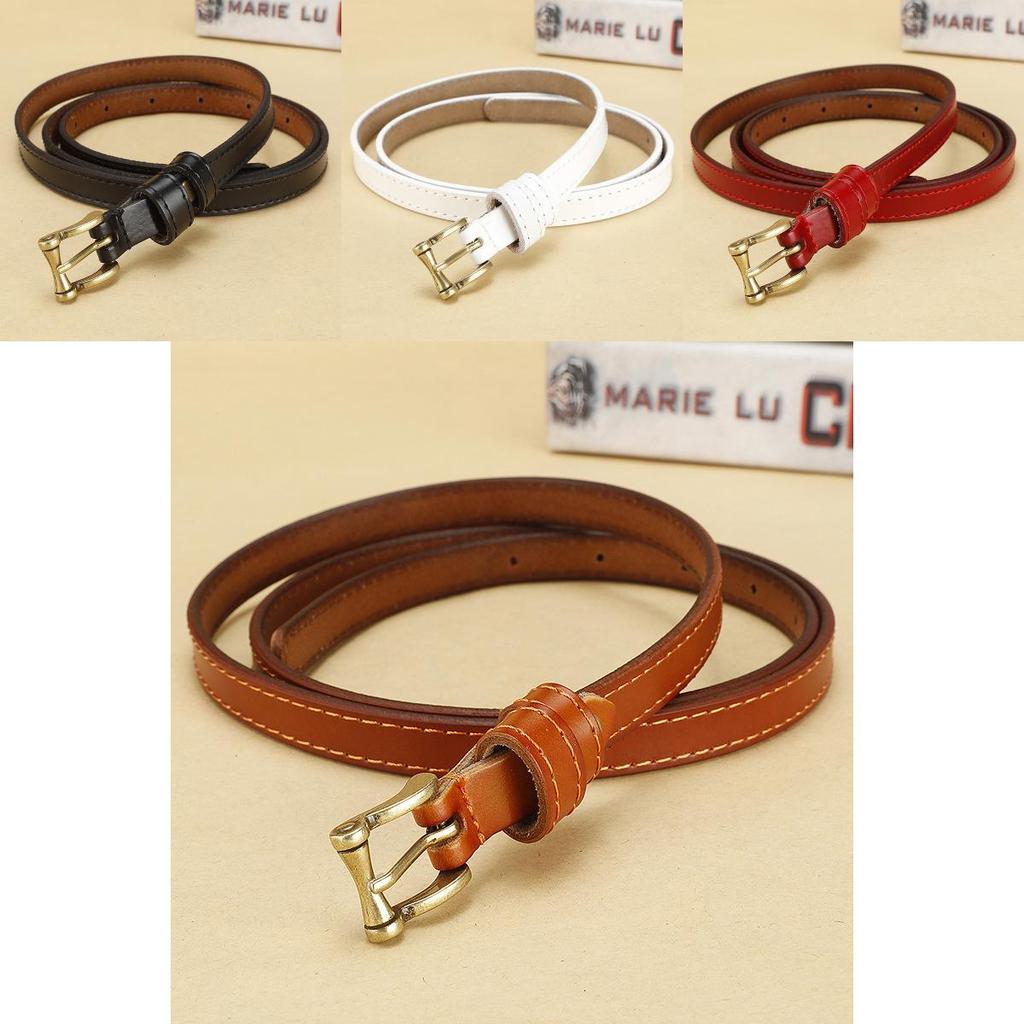 Genuine Leather Womens Narrow Belt With Metal Buckle For Dress And Casual Outfits