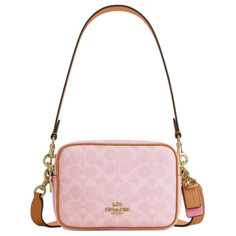 

COACH shoulder bag Carey 18 Valentine s Day Limited Presbyopia Double Zipper Double Strap Double Leather Signature Artificial Leather Toast Camera рожевий