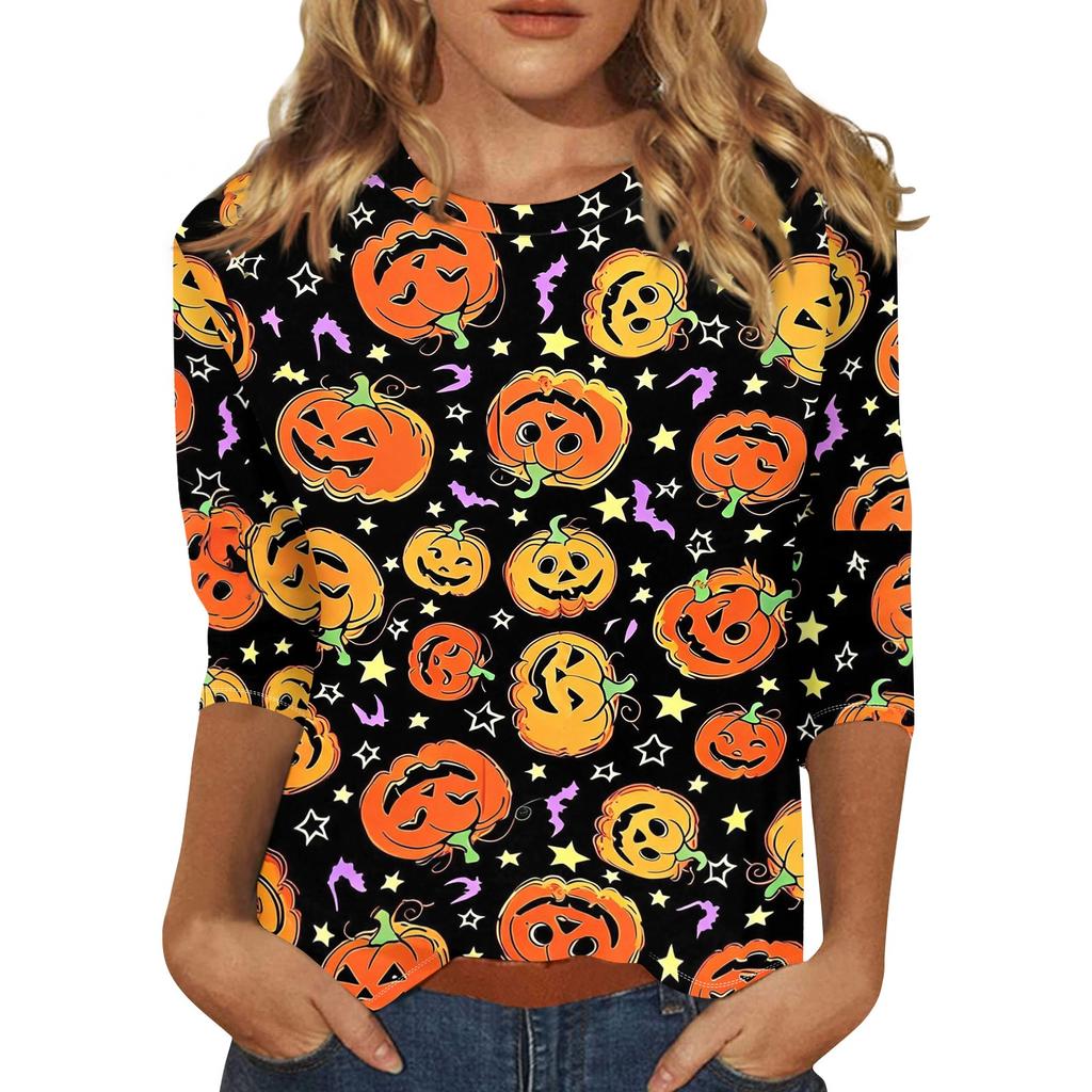 Women's Halloween Printed Long Sleeve Blouse with Round Neck and Three-Quarter Sleeves for Festive Occasions