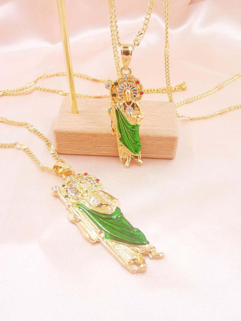 14K Gold Plated Green St. Judas St. Jude Pendant Necklace