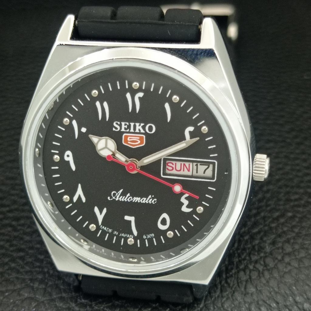 VINTAGE REFURBISHED SEIKO 5 AUTOMATIC 6309A JAPAN MENS BLACK WATCH a442616-1