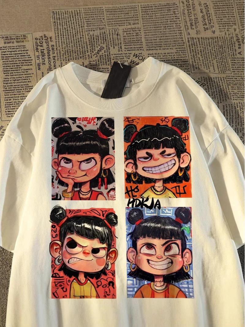 

Unisex Japanese Retro Nezha Cartoon Cotton T-Shirt - Summer Loose Fit M [Premium Quality]