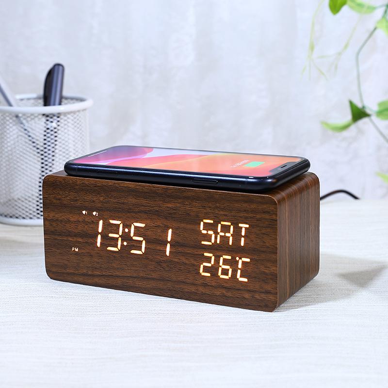 Wireless Charging Electronic Clock Creative Wooden Wireless Charging Clock Digital Clock Perpetual Calendar Sleep Alarm Clock