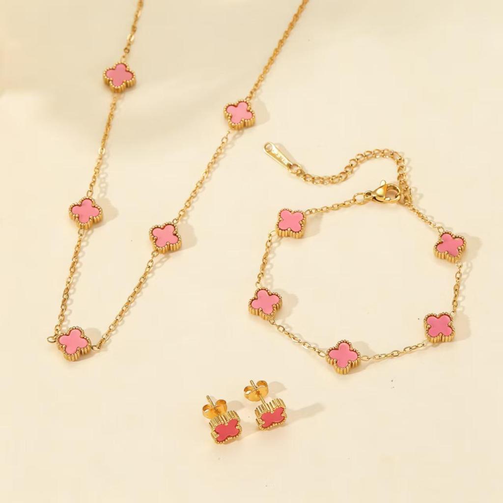 Set de Joyería de Acero de Titanio Madreperla Doble Cara Trébol de Cuatro Hojas con Pulsera, Collar y Pendientes