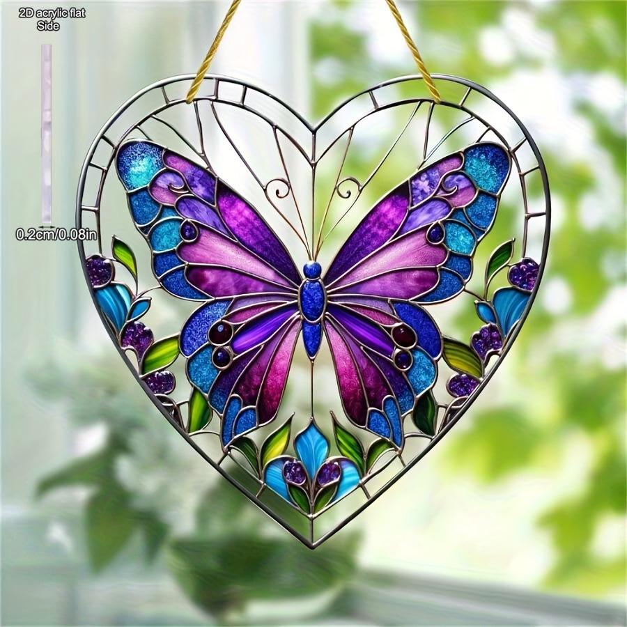 Purple Butterfly Heart-Shaped Painted Style Sunlight Catcher, Ideal Gift for Butterfly and Art Lovers, Valentine's Day Gift, Nurseries, Vintage Home D
