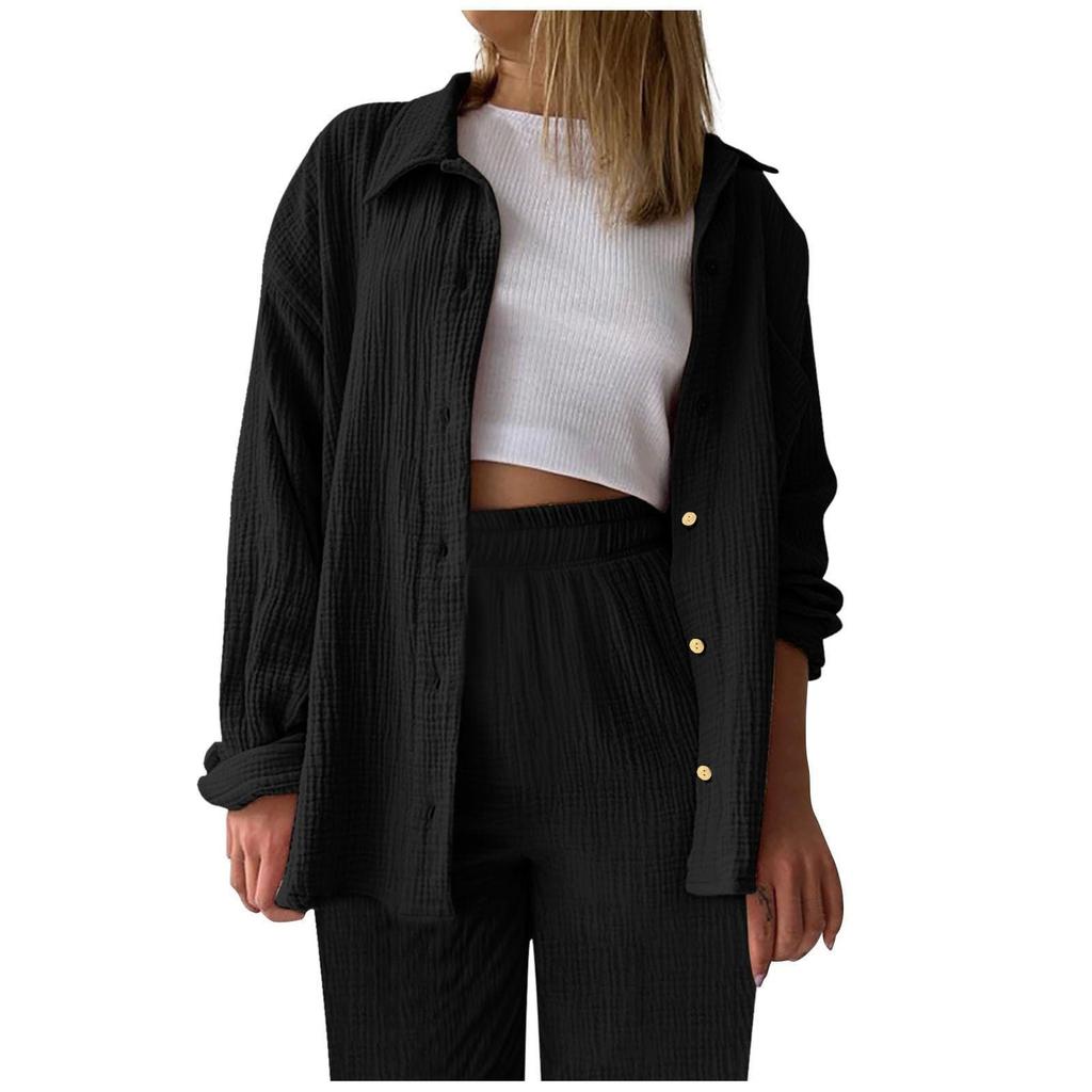 Two Piece Suit Women Summer Muslin Shirt And Trousers Clothes Two Piece Beachwear Suit Two Piece Suit Women