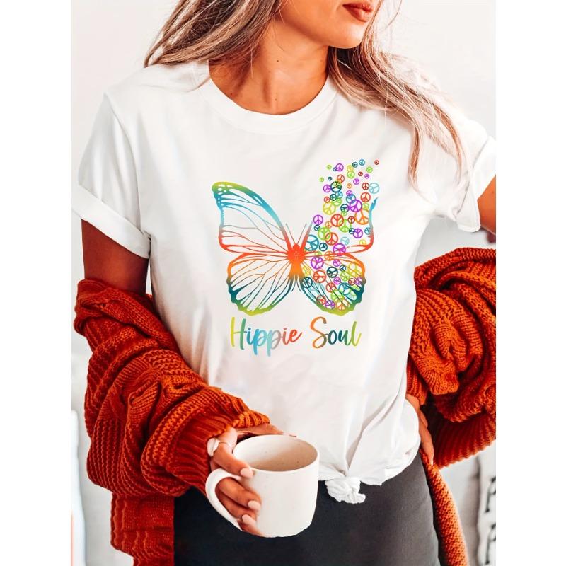 Hippie Soul Butterfly Print T-shirt, Short Sleeve Crew Neck Casual Top for Summer & Spring, Women s Clothing S белый