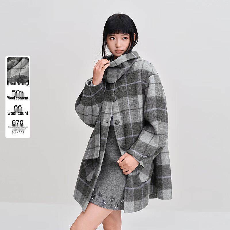 

Женское клетчатое двустороннее шерстяное пальто Ledian со шарфом S