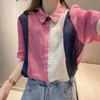 Women's 2024 Summer Color Block Chiffon Short Sleeve Top: Trendy, Age-Defying, Versatile Design