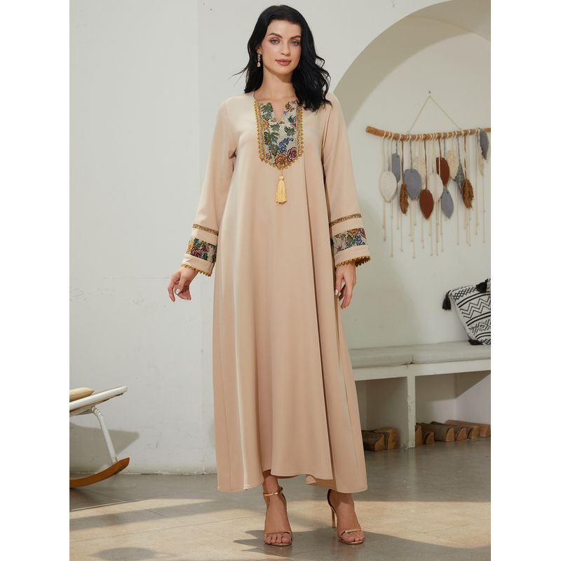 

Западный стиль Новая мода Повседневное Свободное Платье с принтом пэчворк V-образный вырез Длинный рукав Платье с кисточками V-образный вырез Apricot 2XL