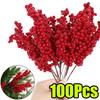 1-100Pcs Christmas Red Berry Branches Berry Artificial Flower Fruit Red Berry Simulation Cherry Berries Christmas Decoration