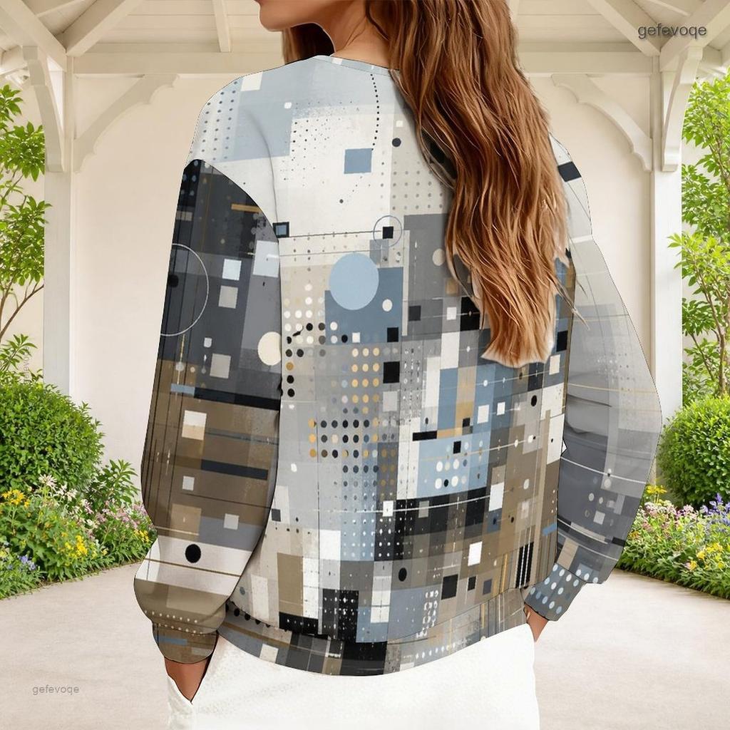 Women Plus Size Abstract Geometric Printed V Neck Half Sleeve Zip Sweatshirt