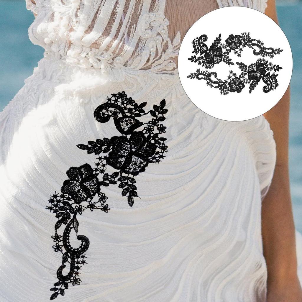 EXCEART Wedding Lace Fabric, Floral Embroidered Patches for Decorative Flower Appliques, DIY Accessories, Black Polyester Thread, 1 Pair