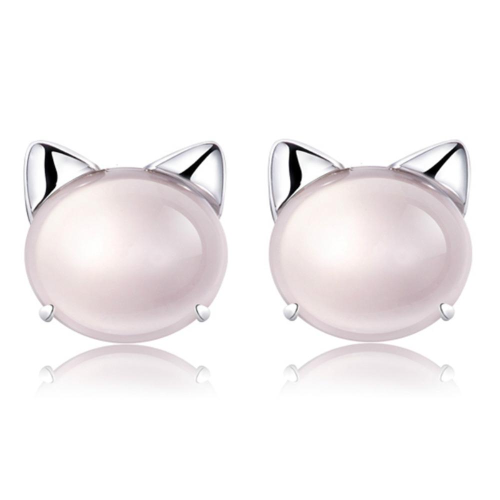 Cute Kitty Cat Earrings Synthetic Rose Quartz Silver Studs for Women