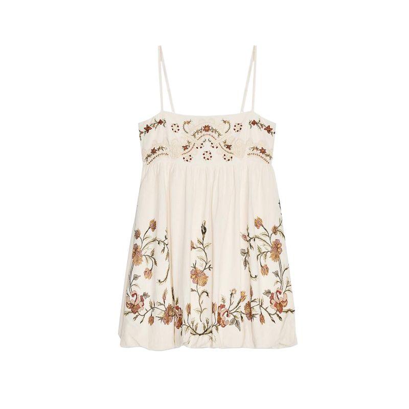 

Летняя новинка Женская одежда Стиль для отпуска Прямой воротник Без рукавов Хлопок Вышивка Бретельки Короткое платье 5107076 raw white XS