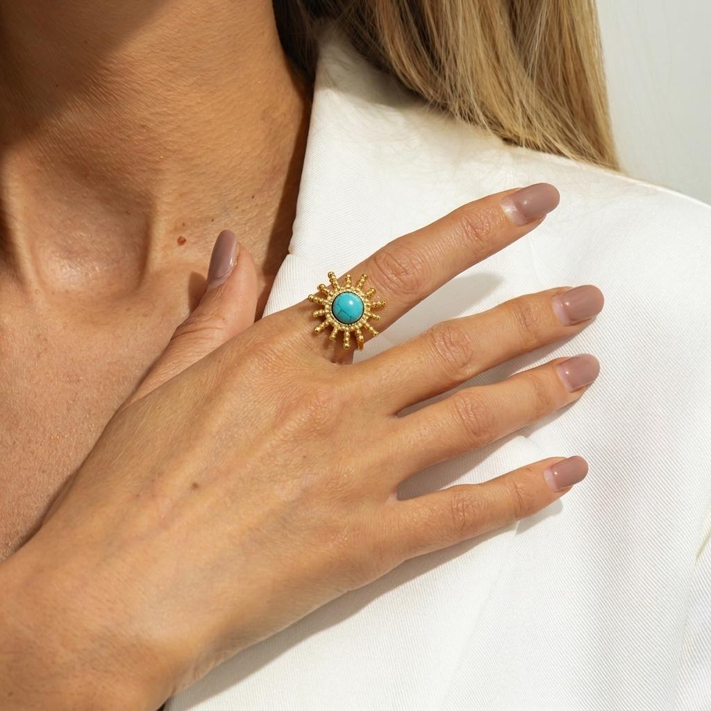 New Design Natural Stone Stainless Steel Rings for Women Men Vintage Geometric Sun Stackable Finger Ring Waterproof Jewelry
