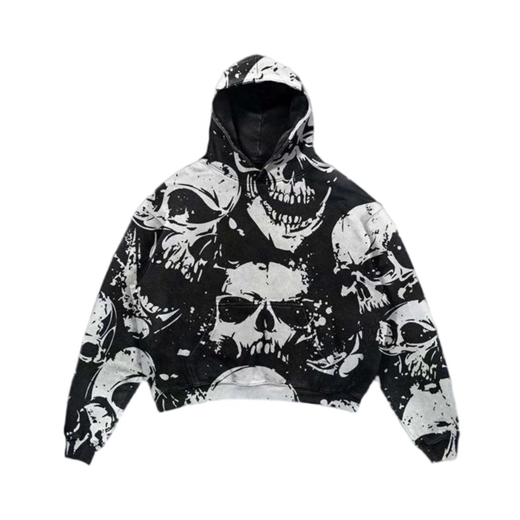 Oversize Men Streetwear Hoodie Skulls Print Long Sleeve Sweatshirts Harajuku Winter American European Hooded Pullovers Y2k
