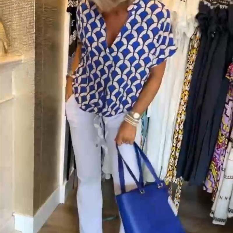 

Женские рубашки Женские летние рубашки с V-образным вырезом Модные элегантные рубашки с принтом XXXL синий