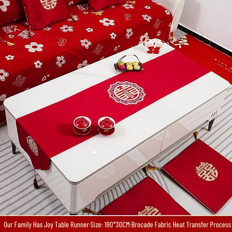 Red Double Happiness Wedding Table Runner - Chinese Dining Table & TV Cabinet Festive Decoration