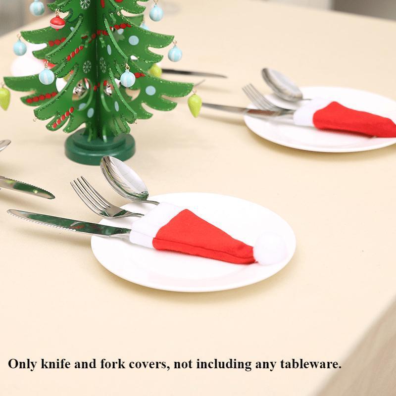 10PCS Christmas Hat (Only Hats) Silverware Holder Xmas Mini Red Santa Claus Cutlery Bag Party Decor Tablewear Holder Supplies