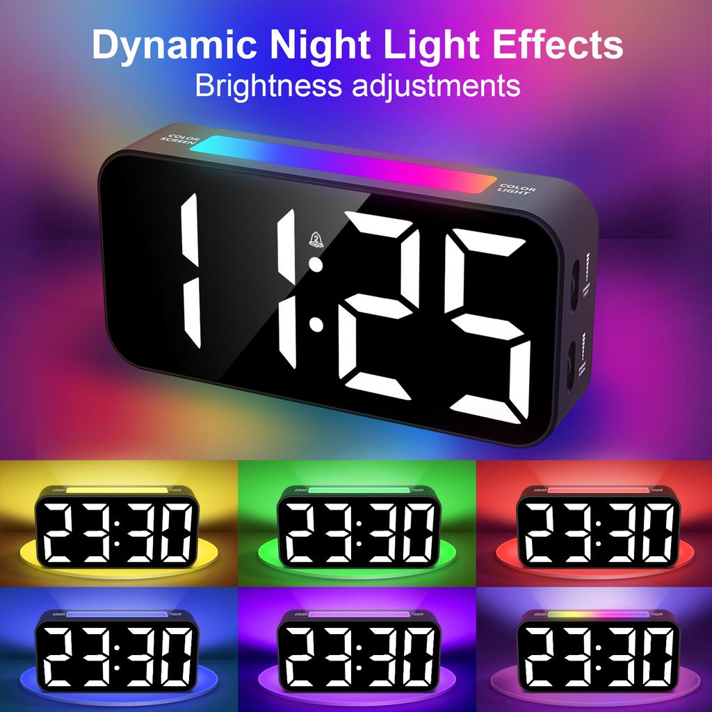 RGB Night Light LED Alarm Clock with Mood Light 2 Alarms with Vibrator Digital Night Light Clock Bell USB Power