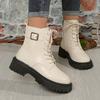 2026 Women's Boots PU Leather Casual Boots Fashion Ankle Boots Women Lace-Up Platform Boot Side Zipper Botines Para Mujeres