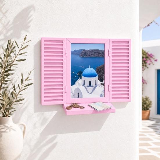Key Holder with Hidden Storage Shelf, Mediterranean-Style Window Frame Photo Display Stand, Functional Entryway Organizer with Blinds Decor