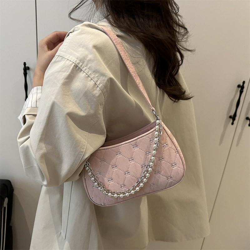 Bow Embroidery Women's Phone Shoulder Bags Thread Design Casual Ladies Underarm Bag Portable Pearl Chain Handbags Purse