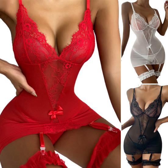 Bow Decor Deep V-neck Backless Pajamas Thong Set Crochet Lace See-through Ladies Sleepwear Briefs Set Ladies Clothing