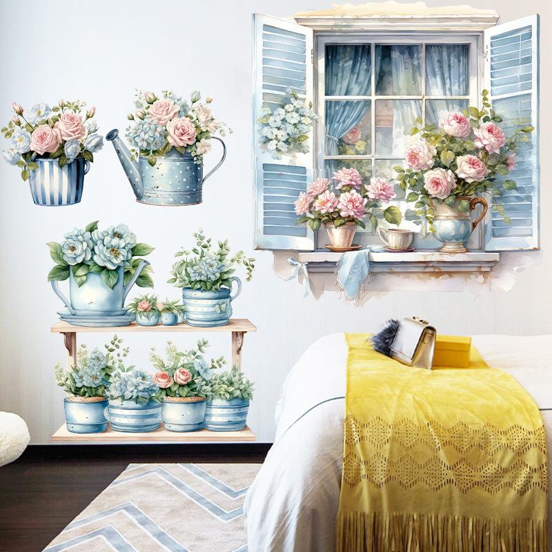 Cartoon Cat Flowers Potted Plants Wall Stickers Fake Windows Warm Bedside Bedroom Decorative Decal Stickers Wallpaper