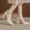 Thick Heel Pointed Hollow Pearl One-word Buckle High Heels High Heels Wedding Shoes Versatile Small Size Shallow Mouth Single Shoes Bridesmaid Shoes