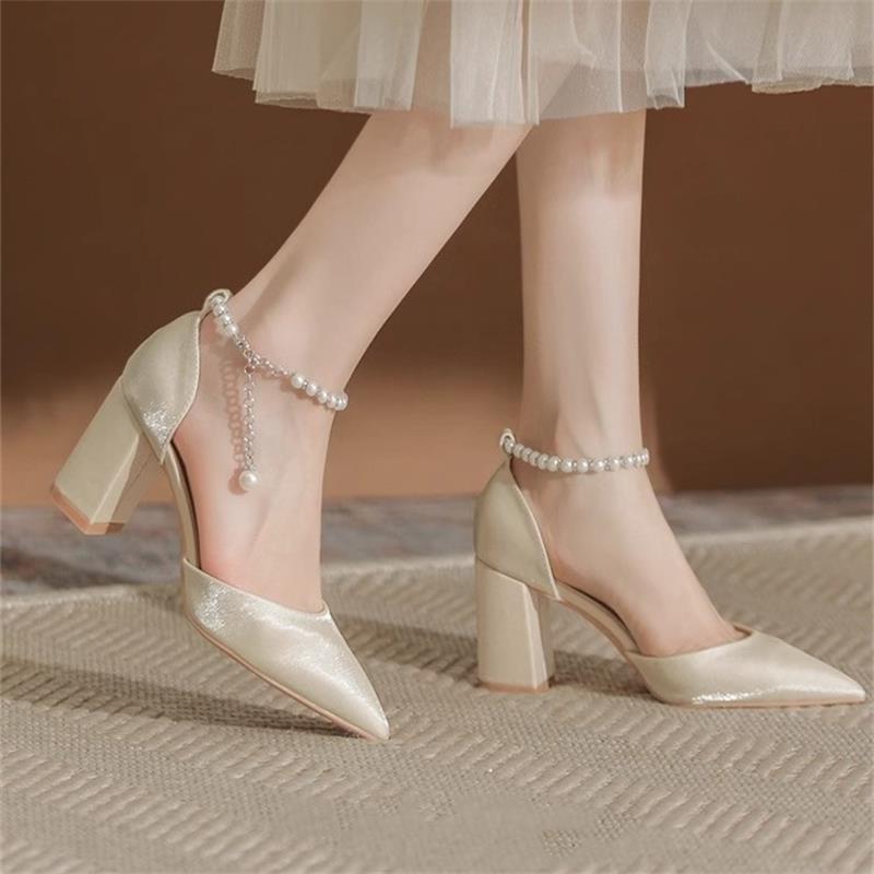 Thick Heel Pointed Hollow Pearl One-word Buckle High Heels High Heels Wedding Shoes Versatile Small Size Shallow Mouth Single Shoes Bridesmaid Shoes