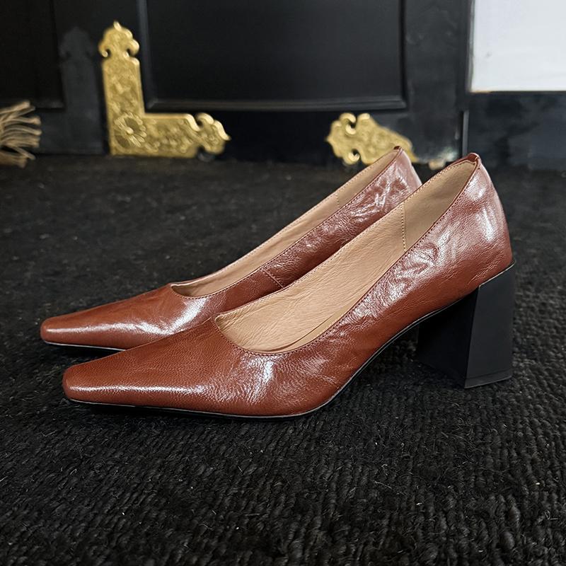 Fashion 2025 NEW Spring Women Pumps Genuine Leather Women Shoes Square Toe High Heel Elegant Buckle Strap Handmade Fashion Ladies Shoes