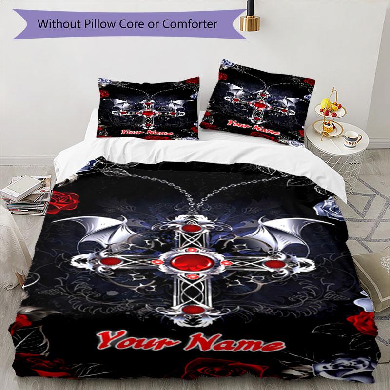 3PC Custom Name Gothic Cross Wings Bedding Set Duvet Cover Closure Includes 1 Duvet Cover & 2 Pillowcases for Bedroom