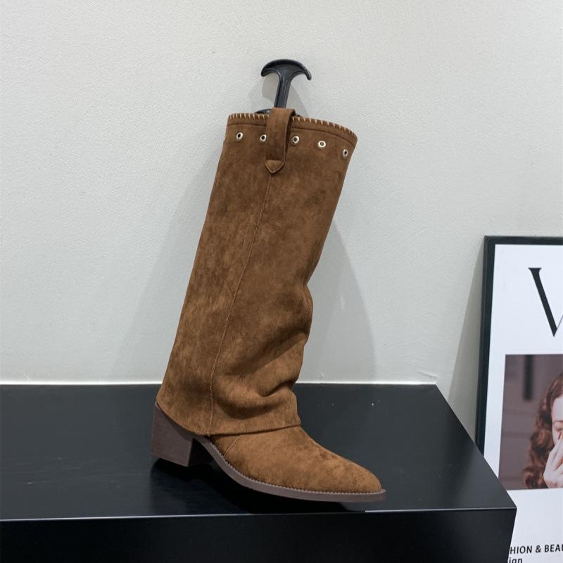 

Коричневые замшевые ботфорты на высоком каблуке с острым носком Женские ботинки 2025 Осень/Зима Западные облегающие ботинки 40 коричневый