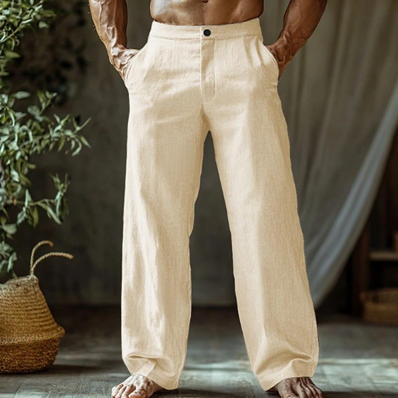 Men's Linen Summer Beach Trousers Buttoned Slanted Pockets Straight Leg Design Solid Colour Comfortable Breathable Long Trousers