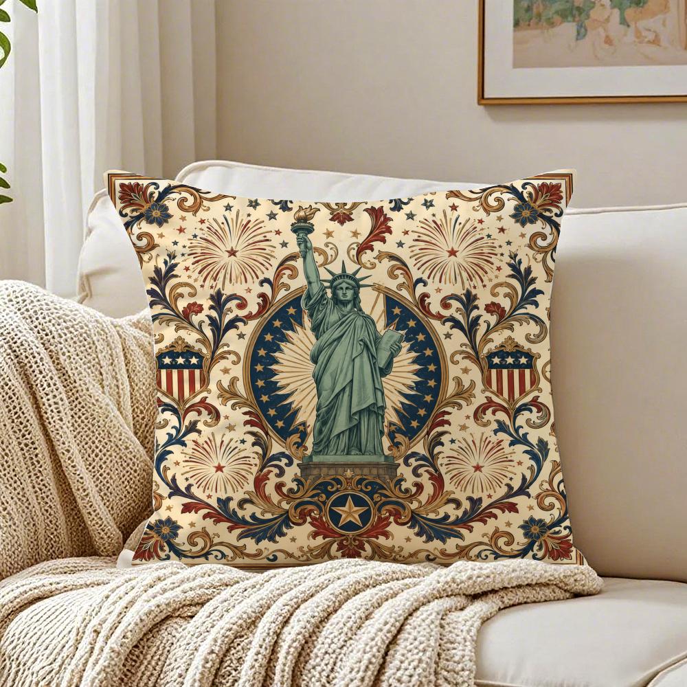 Patriotic Statue Of Liberty Cushion Cover Double-Sided Plush Sofa Cushion Covers Organic Breathable Invisible Zipper