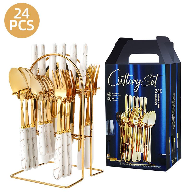 24pcs Mixed Cutlery Set Stainless Steel Ceramic Handle Tableware Dinnerware Set with Storage Stand-Knives/Spoons/Forks/Teaspoons for Family