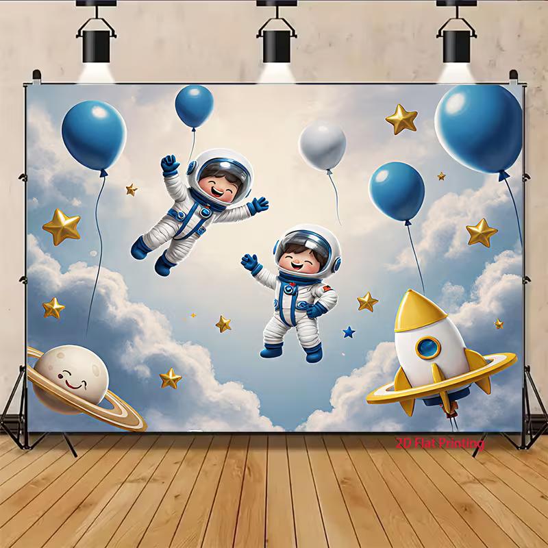 2D Cute Astronaut Boys with Balloons Photo Booth Backdrop Cloth for Birthday