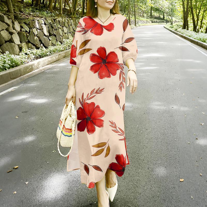 

ZANZEA Женское повседневное платье с V-образным вырезом и рукавом 3/4 Свободное длинное платье с цветочным принтом 5XL абрикосовый