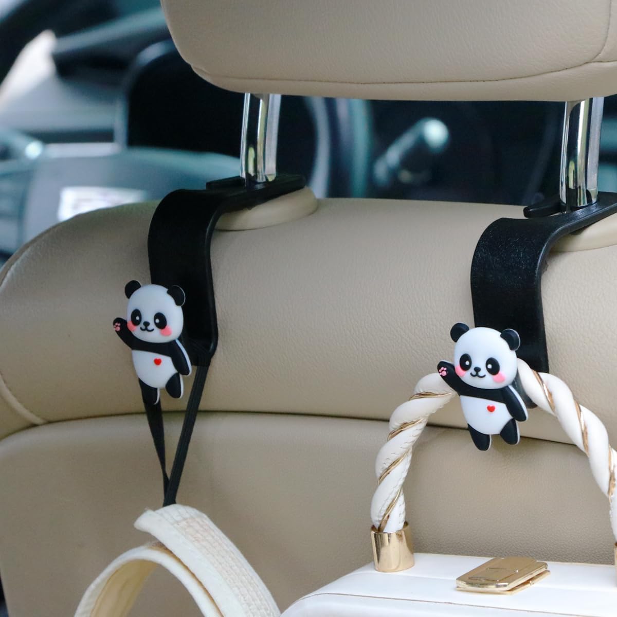 

Cute Panda Car Headrest Hooks, Universal Vehicle Storage Organizer, Black and White Car Hooks for Purses and Bags, 2pcs