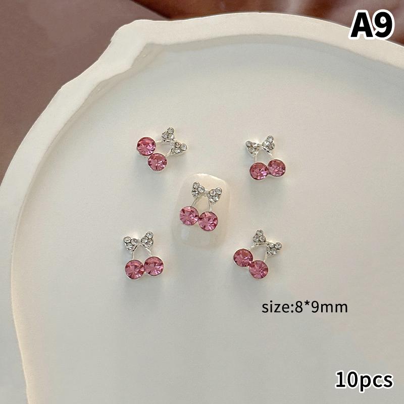 10 Pcs Cherry Nail Rhinestone 3D Cherry Charm Red Fruit Diamond Crystal Jewelry Y2K Alloy Nail Gems For Women Manicure